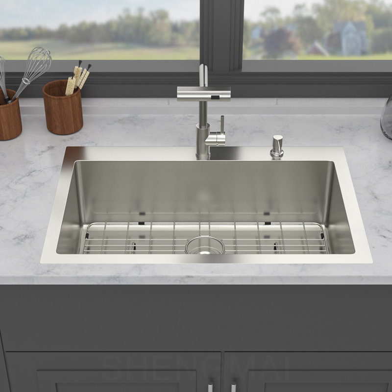 Évier de cuisine encastré 30 po avec robinet coulissant et distributeur de savon - 30 po x 22 po x 10 po à cuve simple en acier inoxydable de calibre 16