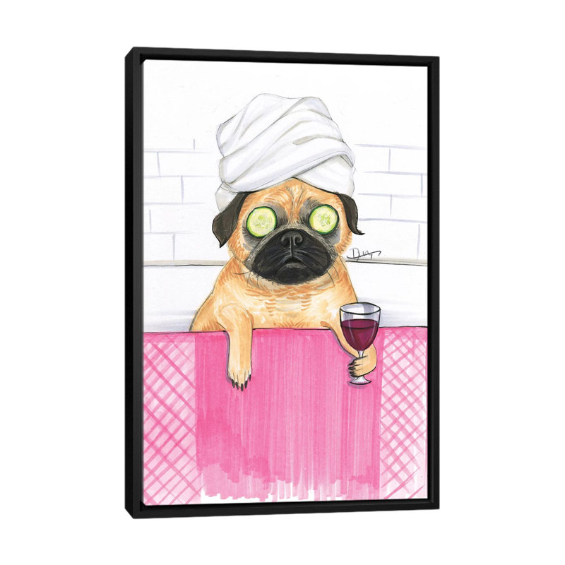 «Pug Bath», reproduction sur toile, H 26 po x l 18 po x p 1,5 po, Toile avec cadre flottant noir, Pas de tapis