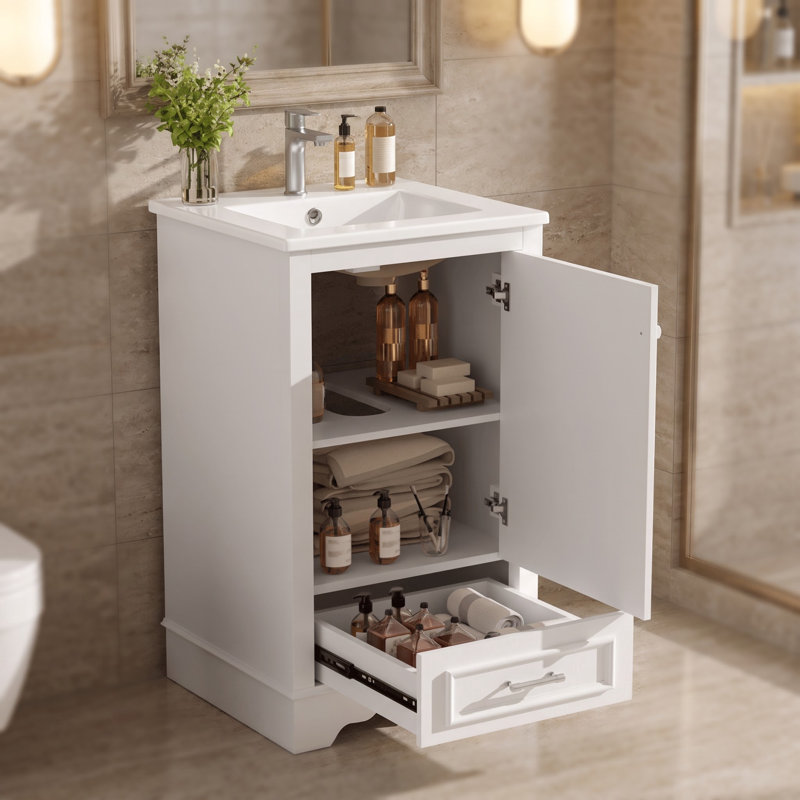 Meuble-lavabo autoportant de 50 cm avec lavabo en céramique, tiroir, porte à fermeture douce et tablette réglable – Meuble de rangement compact pour petites salles de bain et salles d'eau