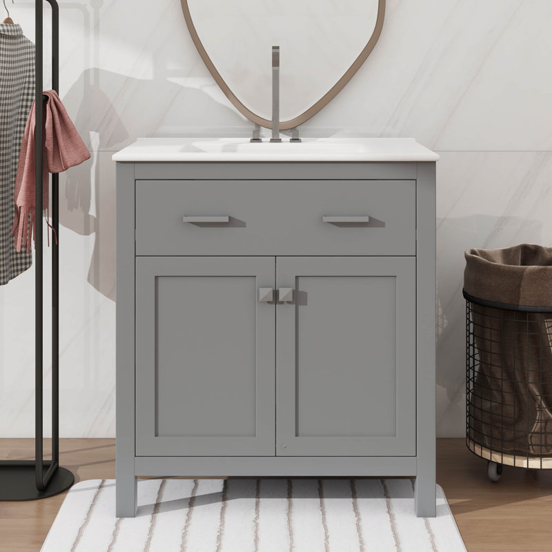 Meuble-lavabo de 30 po avec lavabo intégré et tiroir inclinable, Gris, Nickel brossé