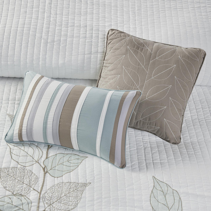 Ensemble de 6 courtepointe réversible en microfibre brodée, Courtepointe double + 5 pièces supplémentaires, Blanc / Bleu