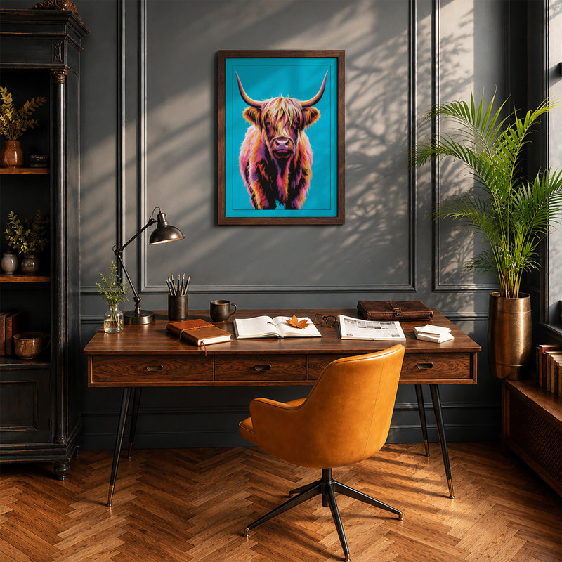 Highland Cattle Head Modern - Framed Print, Walnut, A4 - 29.7 x 21.0 cm