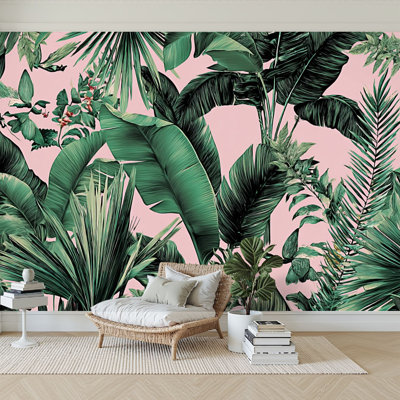 Peel and Stick Wallpaper 96" W x 69" H Modern Self Adhesive Wall Mural for Bedroom Green tropical palm banana leaves shadow seamless pink