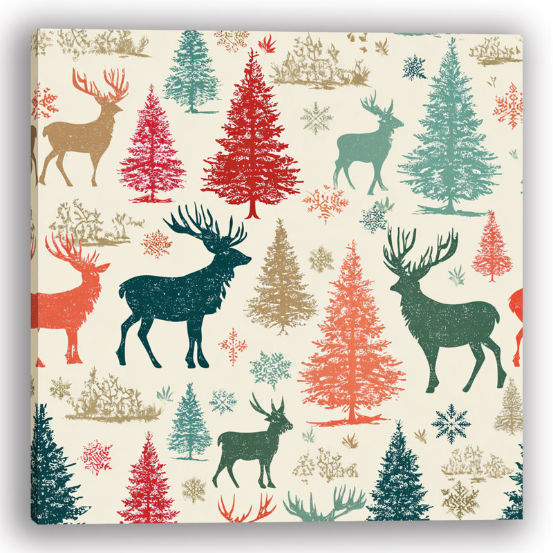 «Rustic Woodland Reindeer and Pine Trees», art mural sur toile, H 20 po x l 20 po