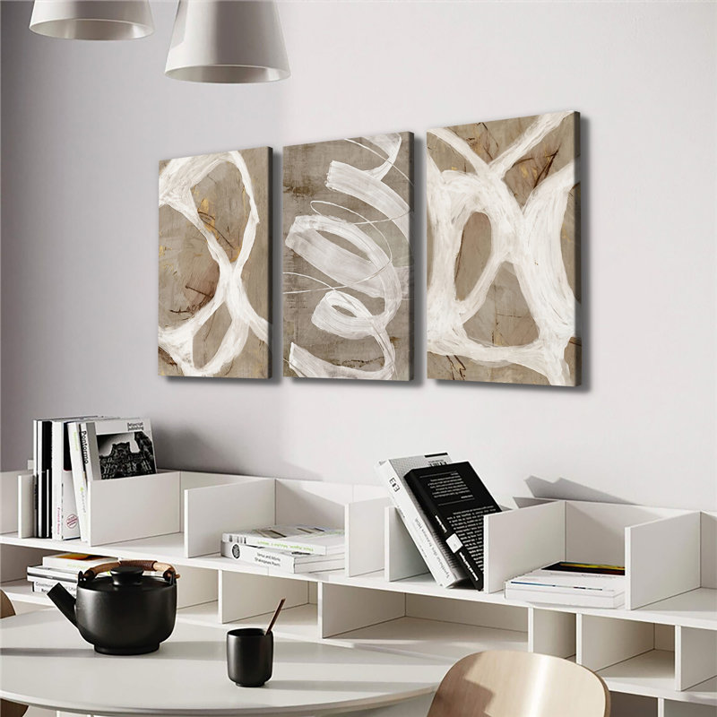 «Neutral White Line Abstract Art», ensemble de 3 impressions sur toiles tendues avec châssis de qualité supérieure