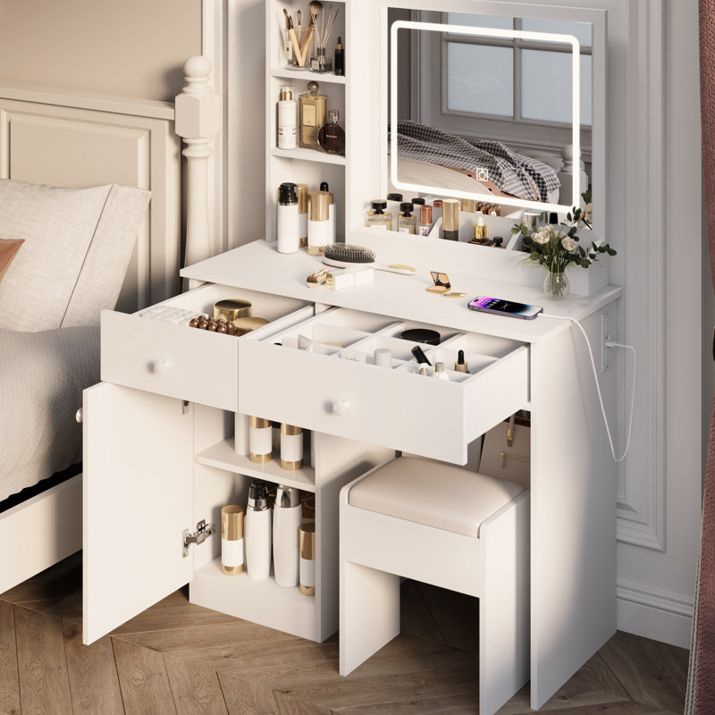 White Vanity Desk With 3 Color Lights And Mirror - Fashionable, Elegant Table Lighting Ample Space, 2 Drawers,