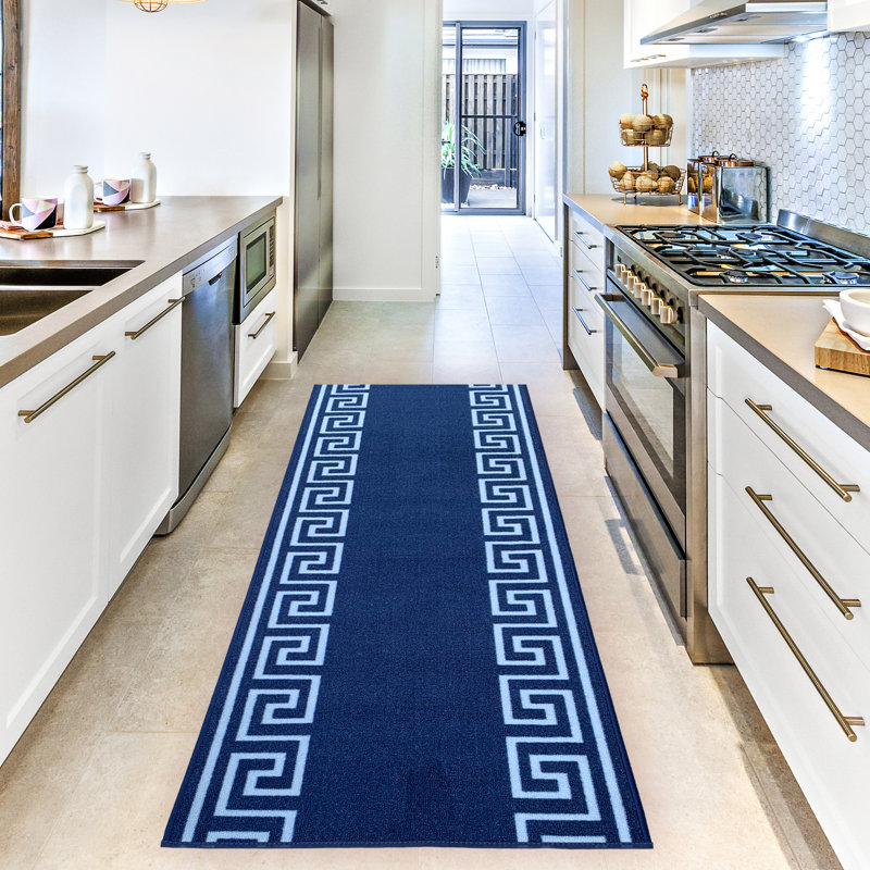 Tapis de couloir à motif géométrique bleu, Tapis de couloir 2 pi 7 po x 48 pi