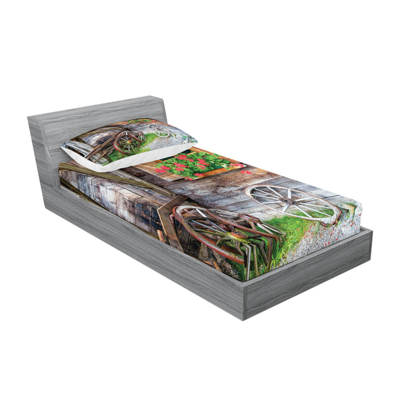 Drap-housse et coussin décoratif Ambesonne, brun, vert, rouge, Ensemble de draps pour lit simple TG + 2 taies d'o