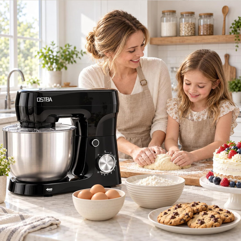 Mélangeur sur socle inclinable 800 W avec bols emboîtables en acier inoxydable de 4,2 pte et 5,3 pte, mélangeur d'aliments de cuisine à vitesse P + 10 avec accessoires de cuisson complets