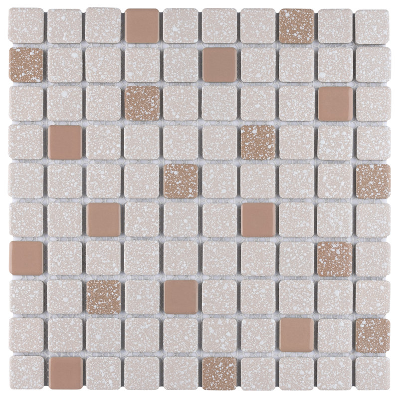 Crystalline Square 1.1" x 1.1" Porcelain Grid Mosaic Wall & Floor Tile, Beige/Terracotta/White