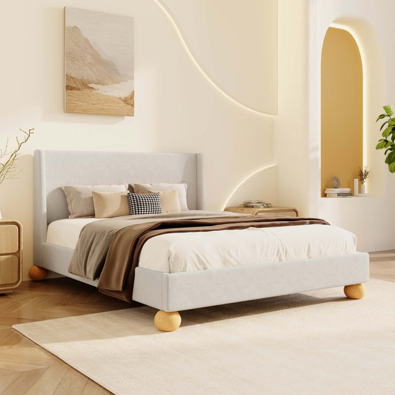 Velvet Bed with Round Wooden Legs, White, Queen