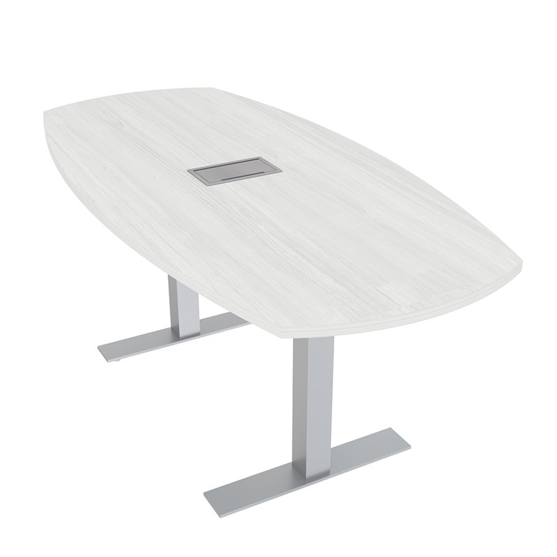 Table de conférence Arc Boat avec bases en T en métal et modules de données, L 72 po x l 36 po, Cyprès blanc, Argent argent