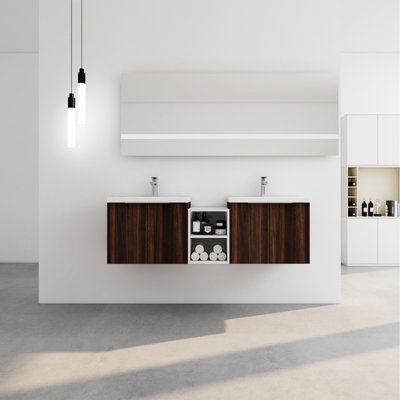 Meuble-lavabo de 60 po avec lavabo et portes, armoire de 24 po et 12 po, lavabo en résine, poignée en métal, noyer moderne, fermeture fiable