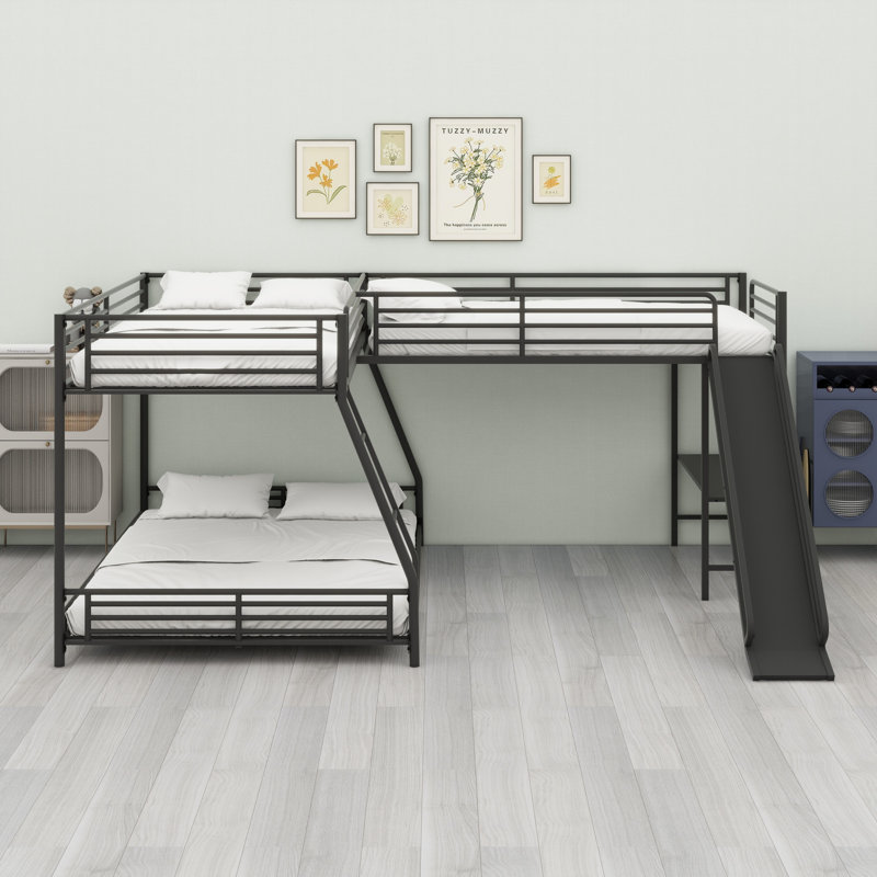 L-Shaped Bunk Bed With Loft Bed,Built-In Desk And Slide