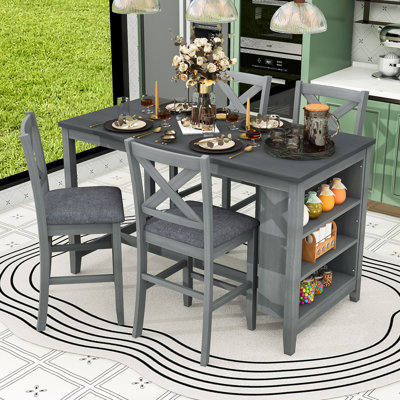 5-Piece Dining Set, Counter Height Dining Table with Built-In Storage and 4 Upholstered Chairs