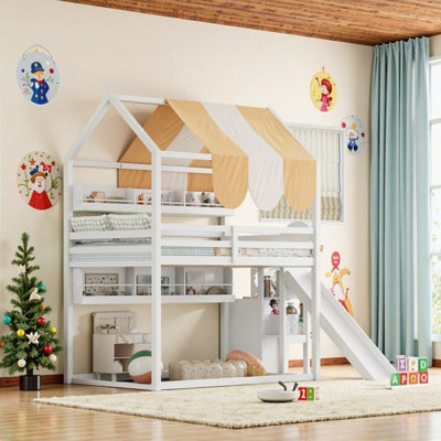 House Design Full Size Wood Loft Bed With Canopy Slide & Built-In Bookshelves