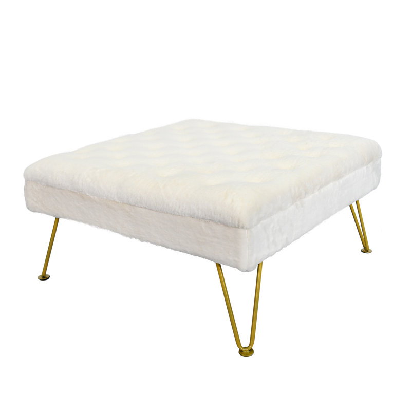 Heer Upholstered Ottoman, Egret Faux Fur