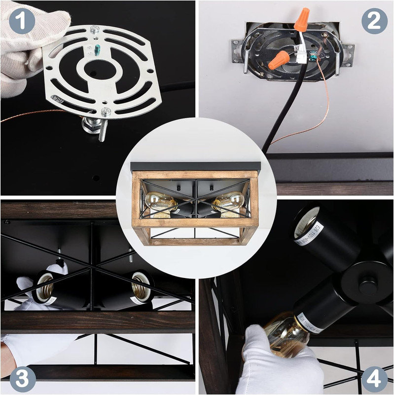 Farmhouse Black and Wood 4-Light Flush Mount Ceiling Fixture