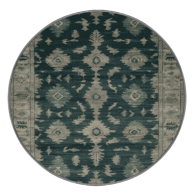 Machine Washable Overdyed Green Area Rug, Round 3'