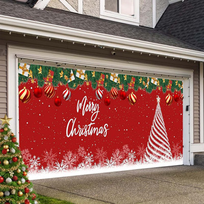 Bannière de couverture de porte de garage de Noël, toile de fond d'arbre de Noël rouge, décoration murale fête des fêtes 7 x 16 pi