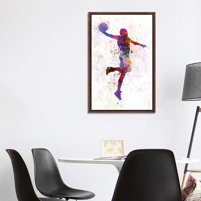 Young Man Basketball Player One Hand Slam Dunk by Paul Rommer - Painting on Canvas, Classic Brown Wood Framed