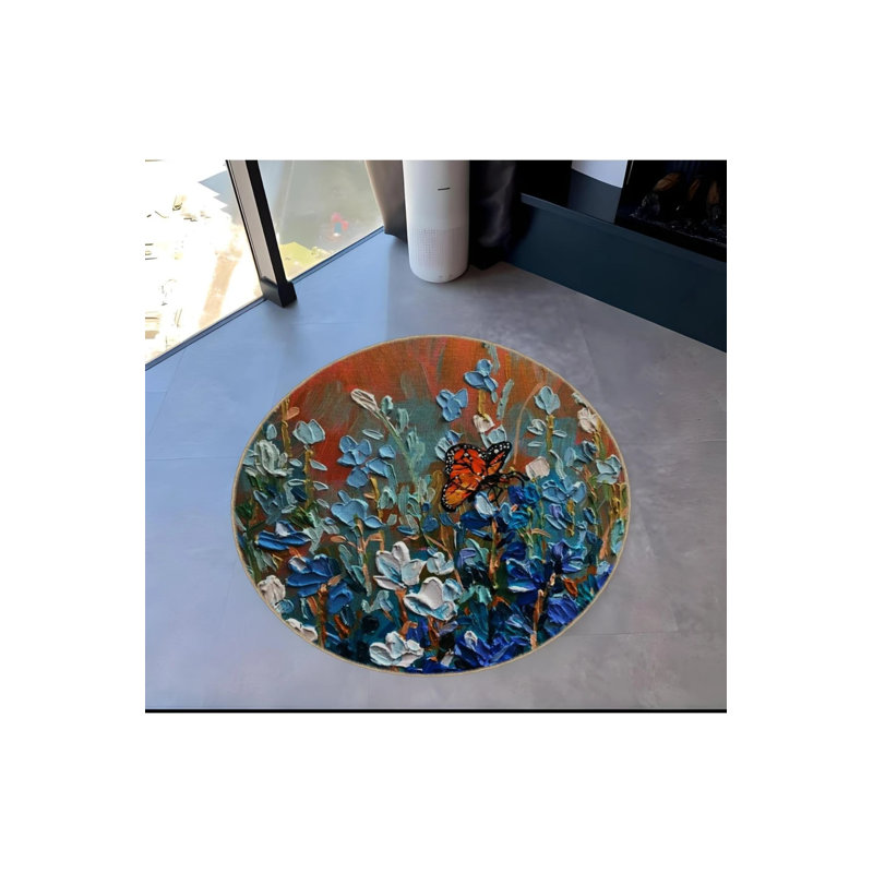 Decorative Carpet With Oil Painting Appearance, Flower And Butterfly Details, Round 5'