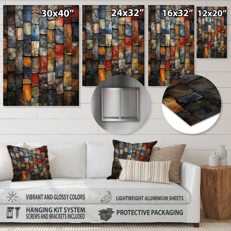 Tiles colorées de couleurs de la terre I - art mural en métal abstrait, H 32 po x l 24 po x P 1 po