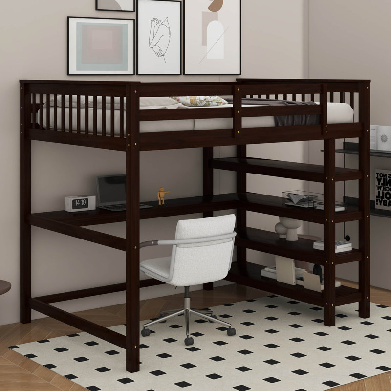 Lit mezzanine avec tablettes de rangement et bureau sous le lit, Lit double, Espresso