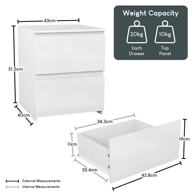 Taniesha 4 Piece Bedroom Set (2 Drawer Bedside Chest X2, 3 Drawer Chest, 2 Door 2 Drawer Wardrobe), (100% FSC), White