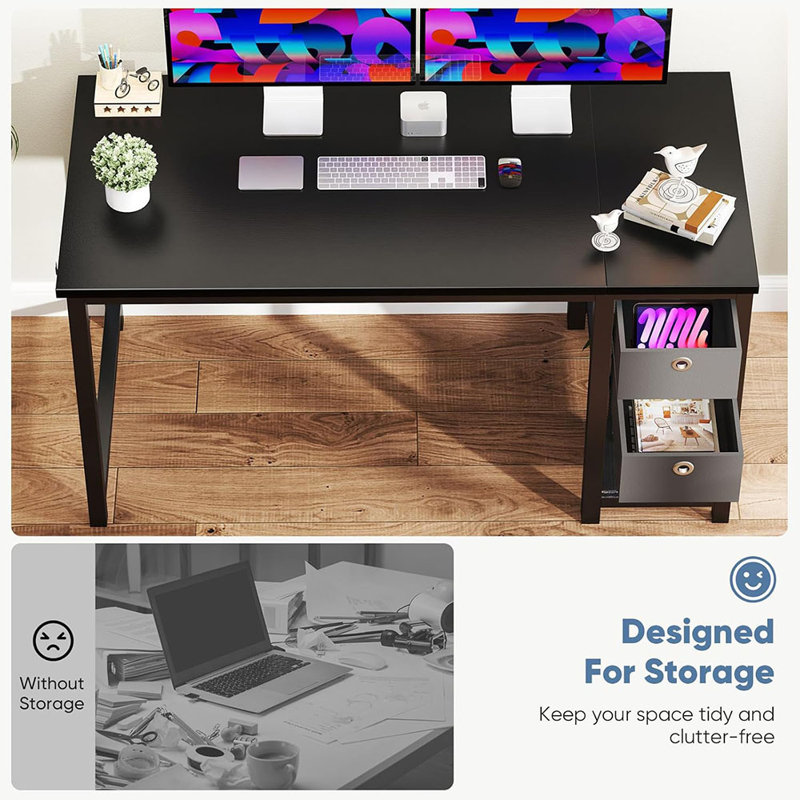 Computer Desk With 2 Drawers, 48X24 Inch Office Desks With Shelf, Gaming Work Study Vanity Table With Storage 2-Tier Drawer For Living Room Bedroom Small Spaces,Dark
