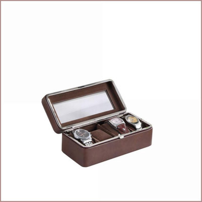 Vitrine de montre à 4 emplacements avec couvercle en verre trempé, similicuir brun | Brun | Verre