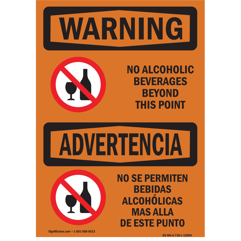 Panneau d'avertissement Osha - Aucune boisson alcoolisée, H 24 po x l 18 po x P 0,1 po