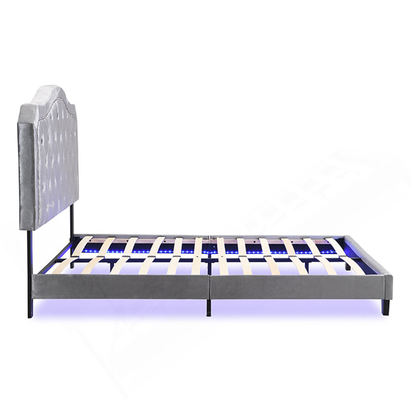 Bouton de lit rembourré capitonné avec un design incurvé - Support de lattes en bois massif - Assemblage facile - Velours gris clair - Avec lit plateforme à DEL