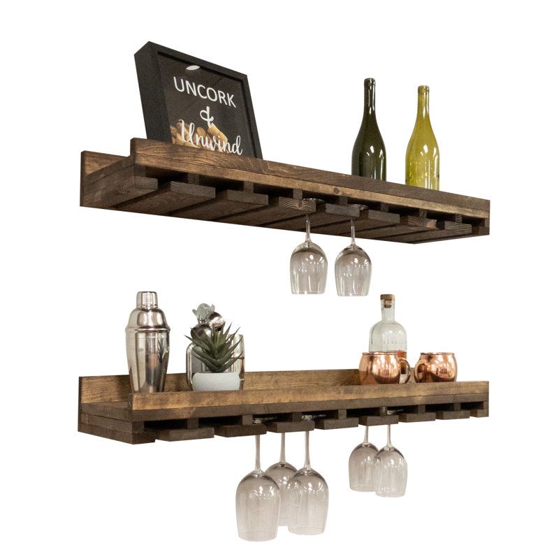 Support à verres à vin à fixation murale en bois massif Barnsdall, Noyer foncé, H 4,25 po x l 30 po x P 10 po