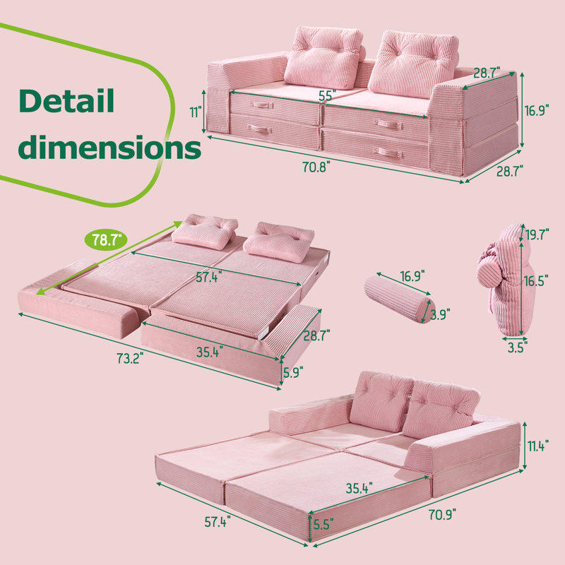 Causeuse modulaire convertible en velours côtelé 2 places, Rose