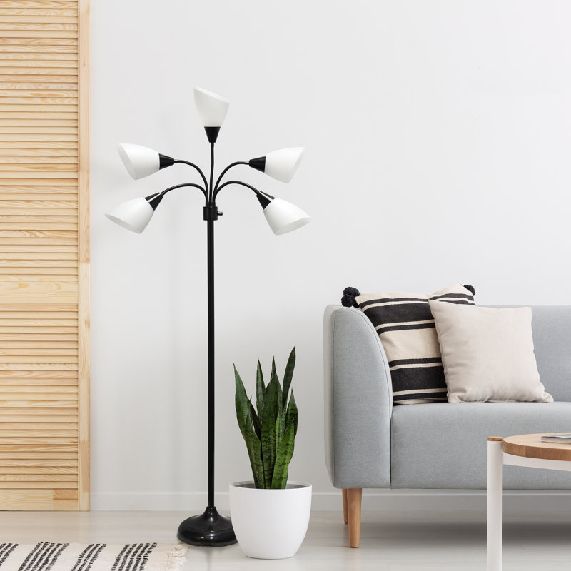 Simple Designs 67" Contemporary Multi Head Medusa 5 Light Adjustable Gooseneck w/ Multicoloured Shade, Black, White