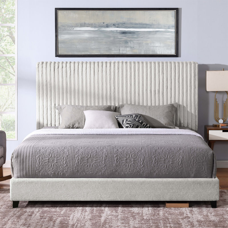 Lit plateforme tapissier Aryia Boucle, Très grand, Gris Pierre