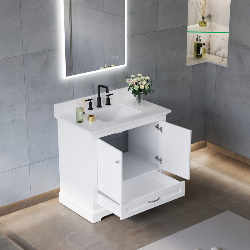 Meuble-lavabo sur pied l 36 po x H 34,2 po avec comptoir en marbre de culture blanc pur et lavabo simple, Blanc, 36"
