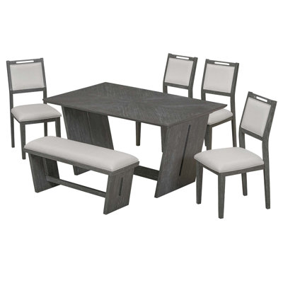 Ensemble de table de salle à manger 6 pièces pour 6, table de cuisine en bois de 60 po et 4 chaises avec banc et base en tréteaux pour la cuisine et la salle à manger
