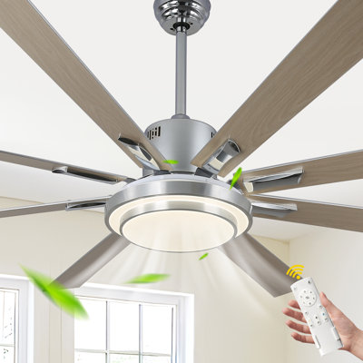 72" Modern Chrome Ceiling Fan with LED Light Kit and Remote, 6-Speed Quiet DC Motor, Reversible Ceiling Fan for Large Living Rooms