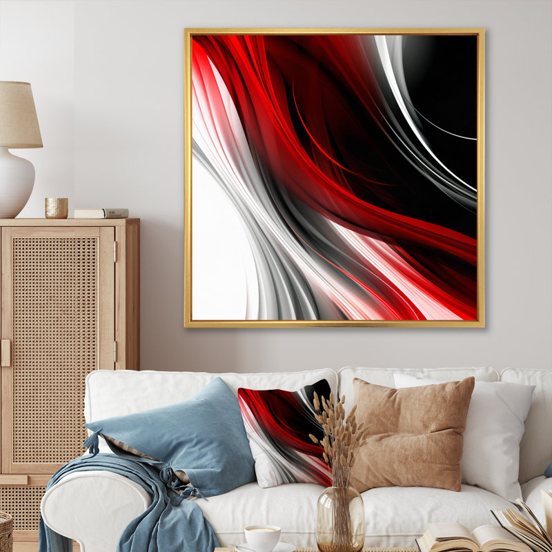 Rouge, rouge, infini ondulations I - art abstrait de vagues modernes, H 24 po x l 24 po, Toile avec cadre flottant or