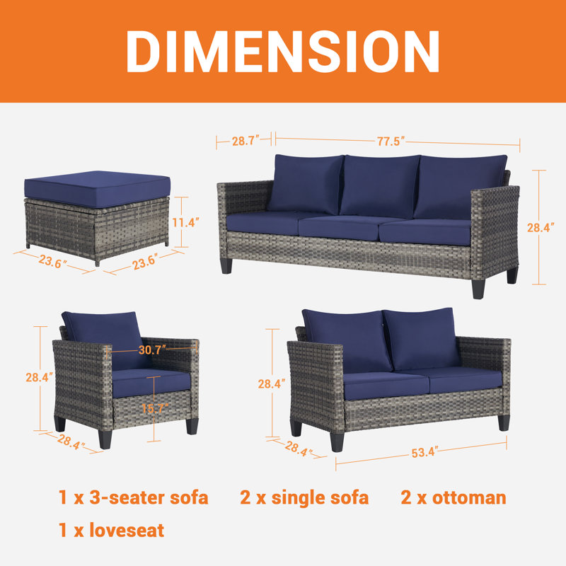 Wicker 9 - Person Patio Conversation Set, Navy Blue