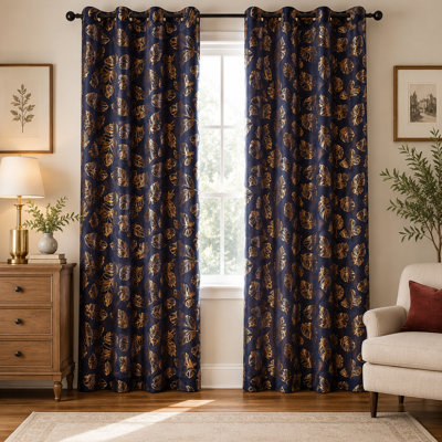 Black and Gold Leaf Print Curtains, 2 Panels, Soft Fabric Grommet Window Drapes for an Instant Room Refresh, 52W x 84L, Bedroom & Living Room