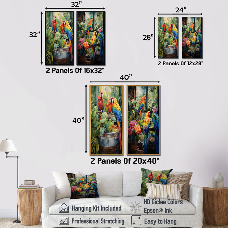 Red Parrot Jungle Paradise I - ensemble de 2 décorations murales de perroquet, H 32 po x l 33 po, Toile tendue