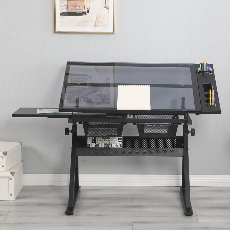 Matxalen Adjustable Glass Top Metal Base Drafting Table, Black