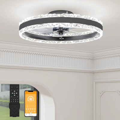 Low Profile Ceiling Fans With Light And Remote, 19.7In Fandelier Ceiling Fan With Light, Dimmable Flush Mount LED Ceiling Fan Light, Black Modern Ceiling Fan Light For Bedroom