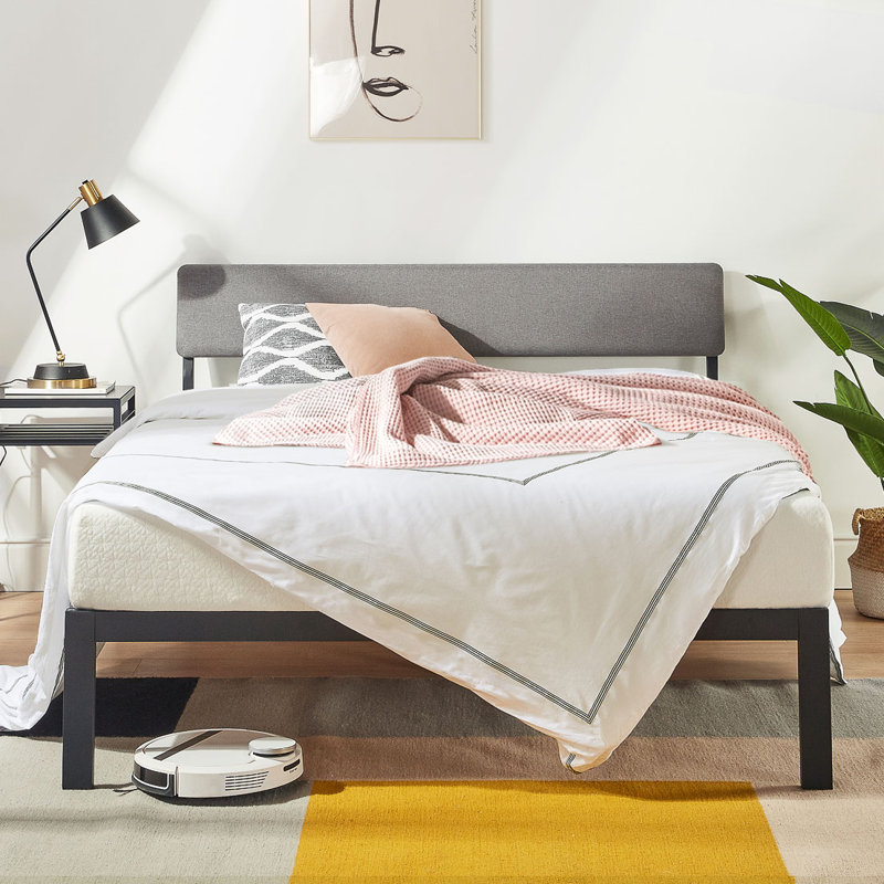 Upholstered Metal Platform Bed, Full, Classic Gray