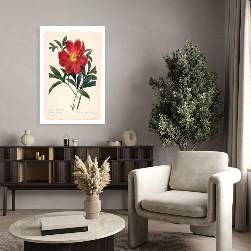 «Red Botanical IV», fleur de pivoine réaliste et classique, H 36 po x l 24 po