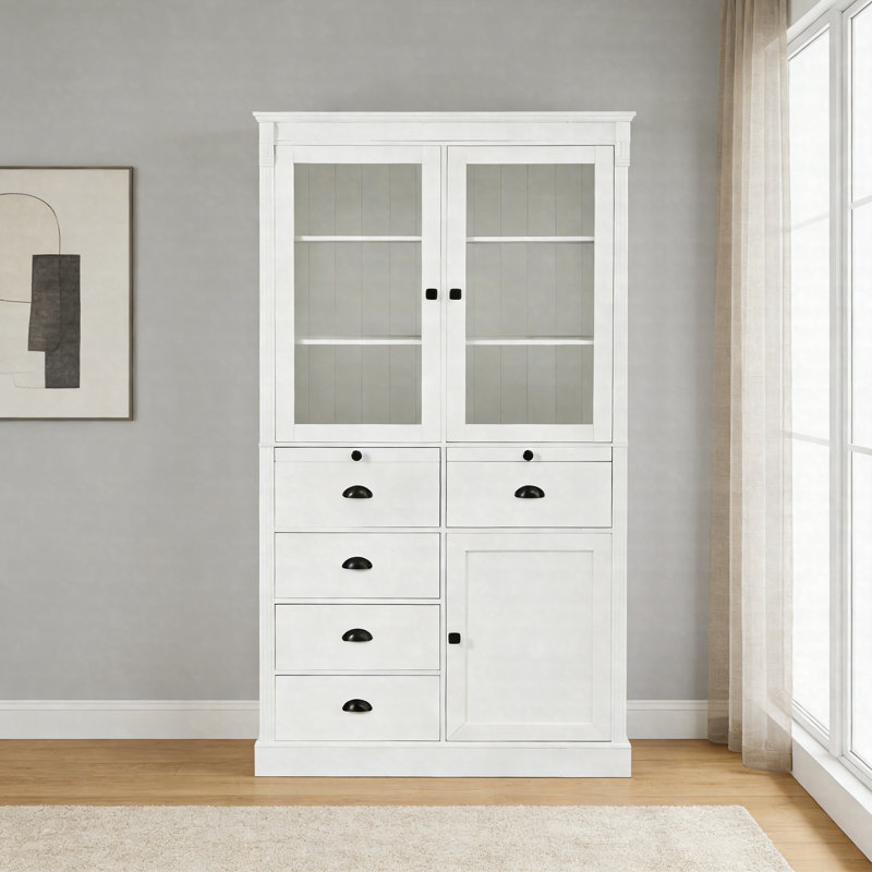 Armoire de cuisine vintage avec portes en verre, armoire de rangement avec tiroirs et tablettes réglables