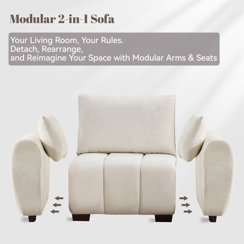 Canapé modulaire de style Mid-Century, canapé 2 en 1 avec repose-pieds et accoudoirs amovibles, Chenille beige
